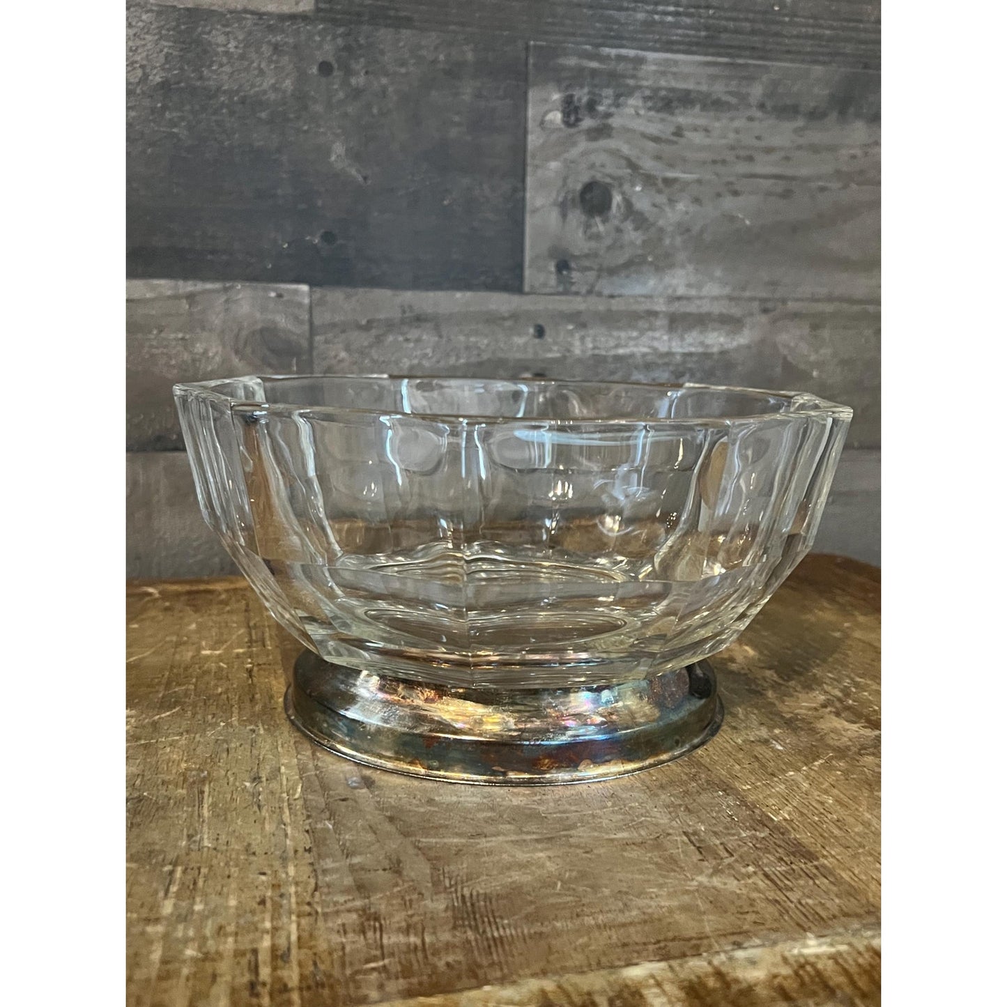 Crystal Glass Bowl with Silverplated Pedestal Base