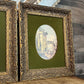 Pair of Oval Roman Ruins Scenes with Green Fabric and Vintage Wooden Frames