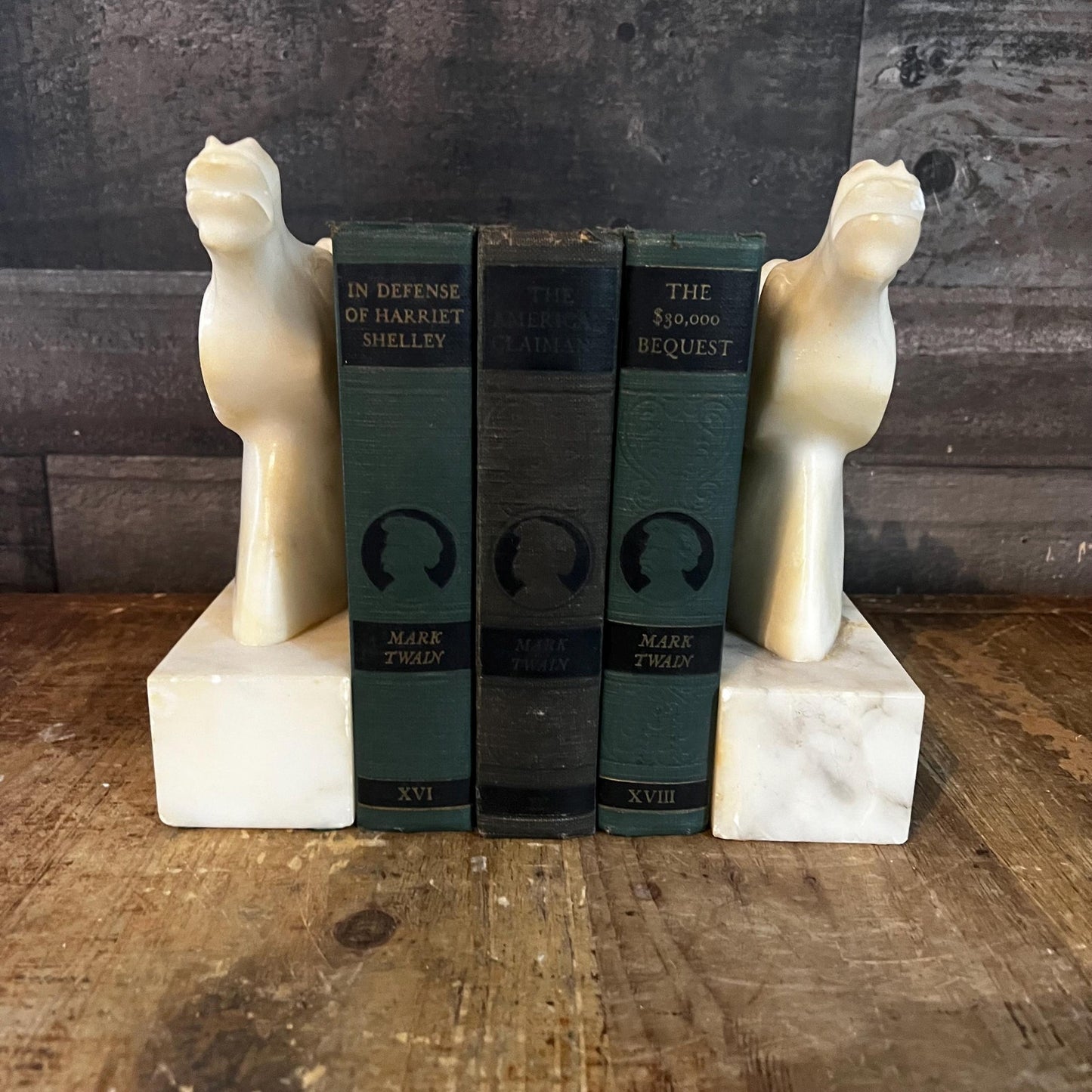 Vintage Heavy Creamy White Marbled Stone Horse Bust Bookends - Pair