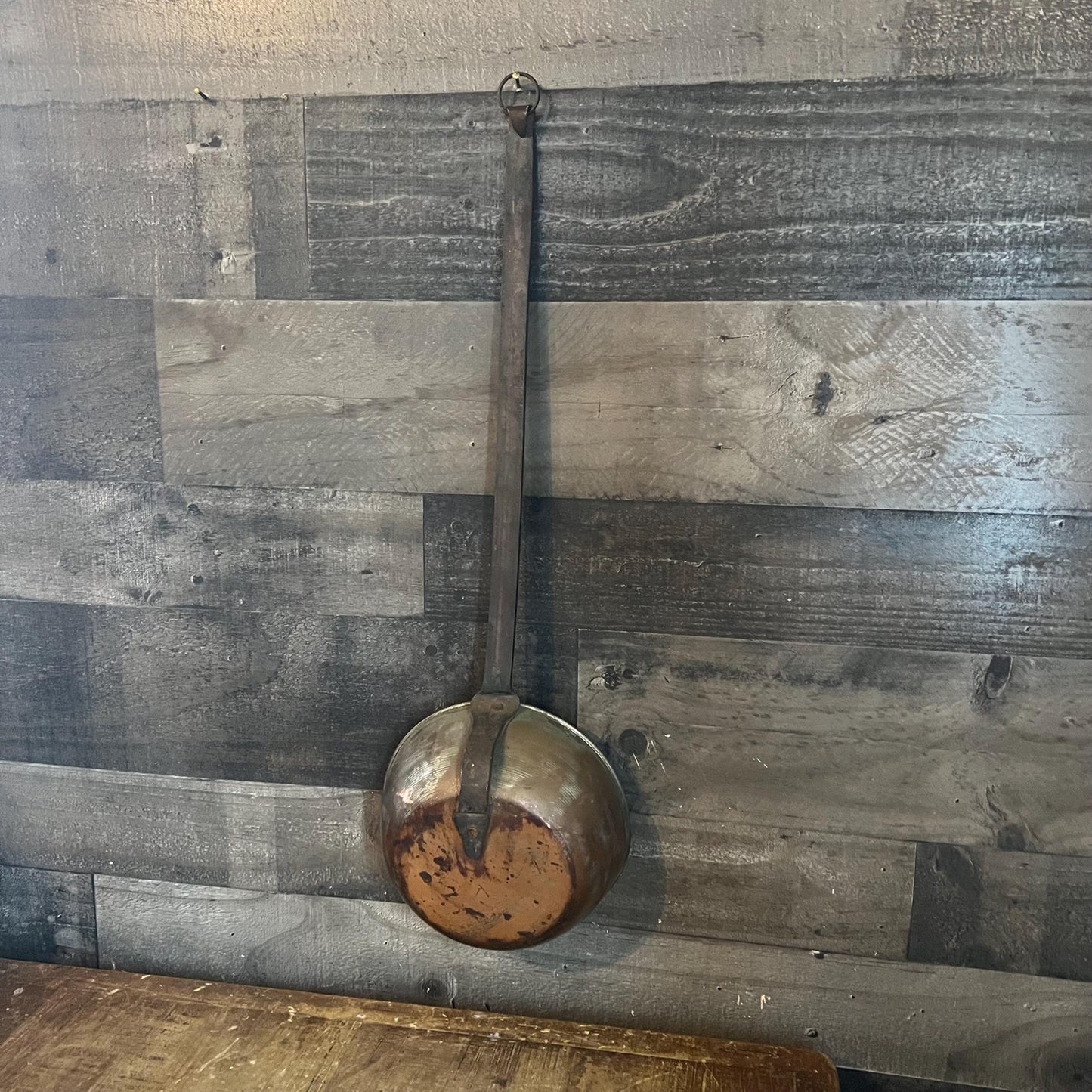 Antique Copper on Tin Ladle with Long Iron Handle