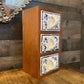 Vintage Wood Spice Cabinet Box with 3 White and Blue Ceramic Drawers