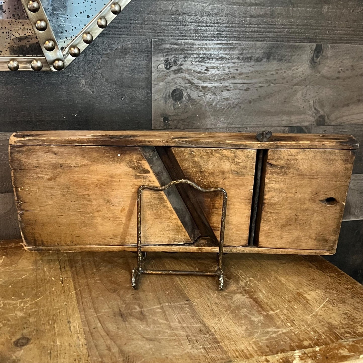 Antique Rustic Wooden and Metal Rectangular Slicer - Primitive Kitchen - Cabbage Cutter