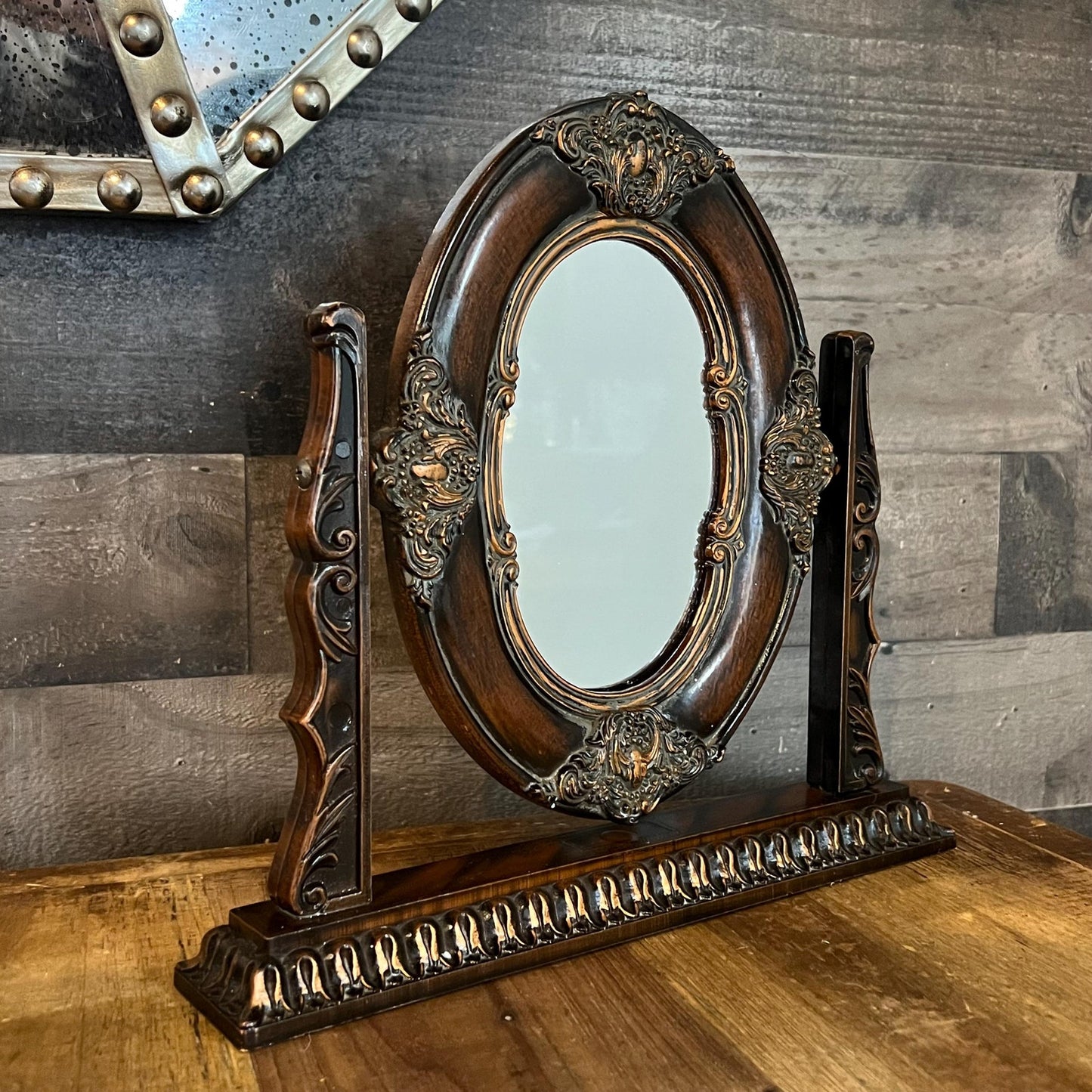 Vintage Small Brown Victorian Baroque Style Mirror on Swivel