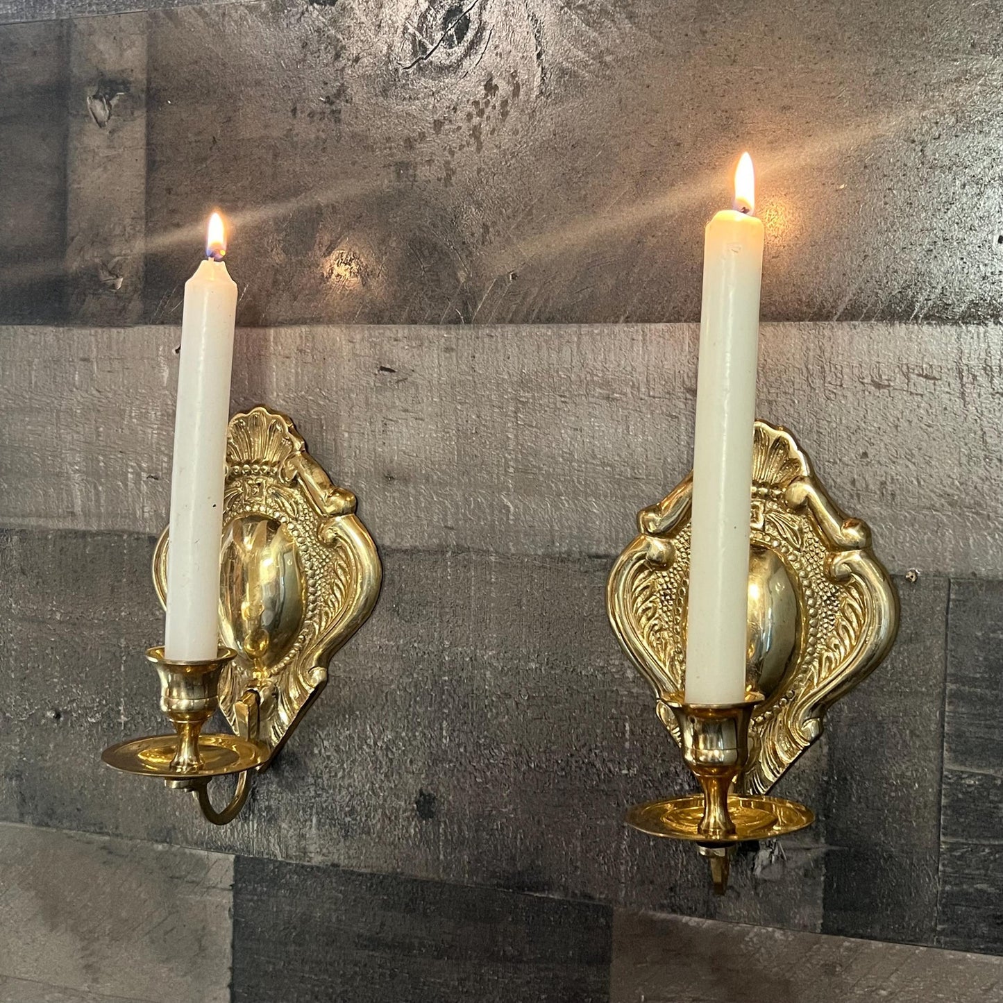 Vintage Pair of Brass Candlestick Holder Wall Sconces