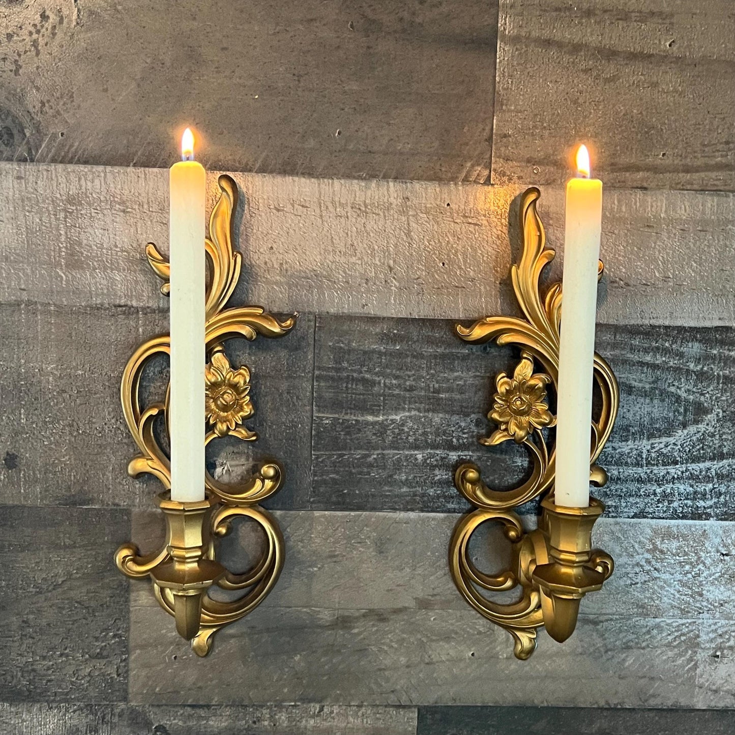 Vintage Syroco Floral Gold Tone Candlestick Holders Wall Sconces - Pair