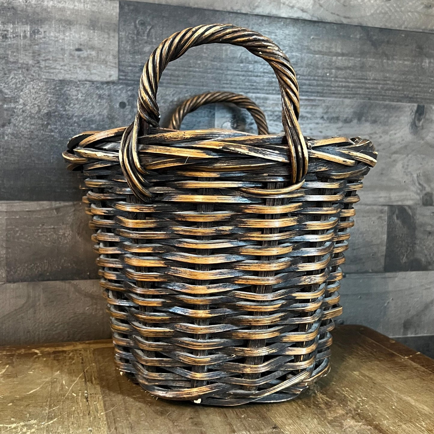 Brown Woven Wicker Round Handled Basket