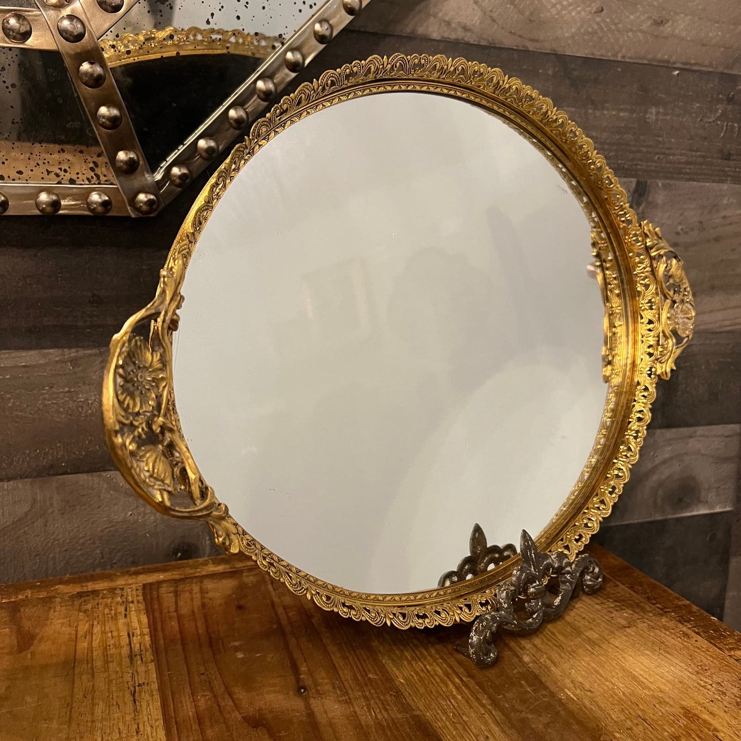 Vintage Gold Tone Oval Mirrored Floral Rim Handled Vanity Tray