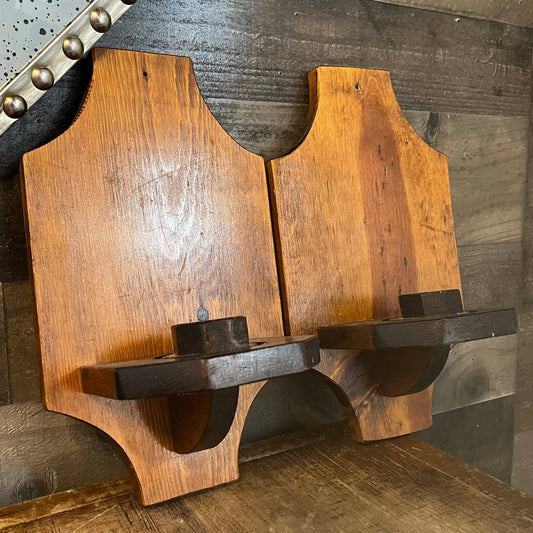 Vintage pair of wooden wall sconce candlestick holders