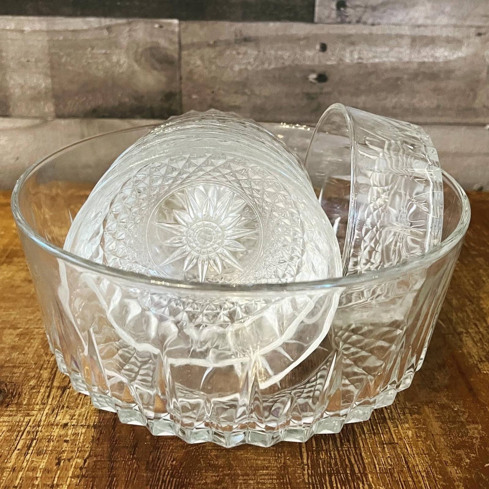 6 Vintage Arcoroc Crystal Bowls w/ Serving Bowl, StarBurst Pattern France & USA buy