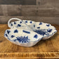 Porcelain Blue and White Floral 3 Section Handled Relish Dish