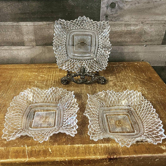 3 Indiana Glass clear wavy rim diamond point pattern bowls