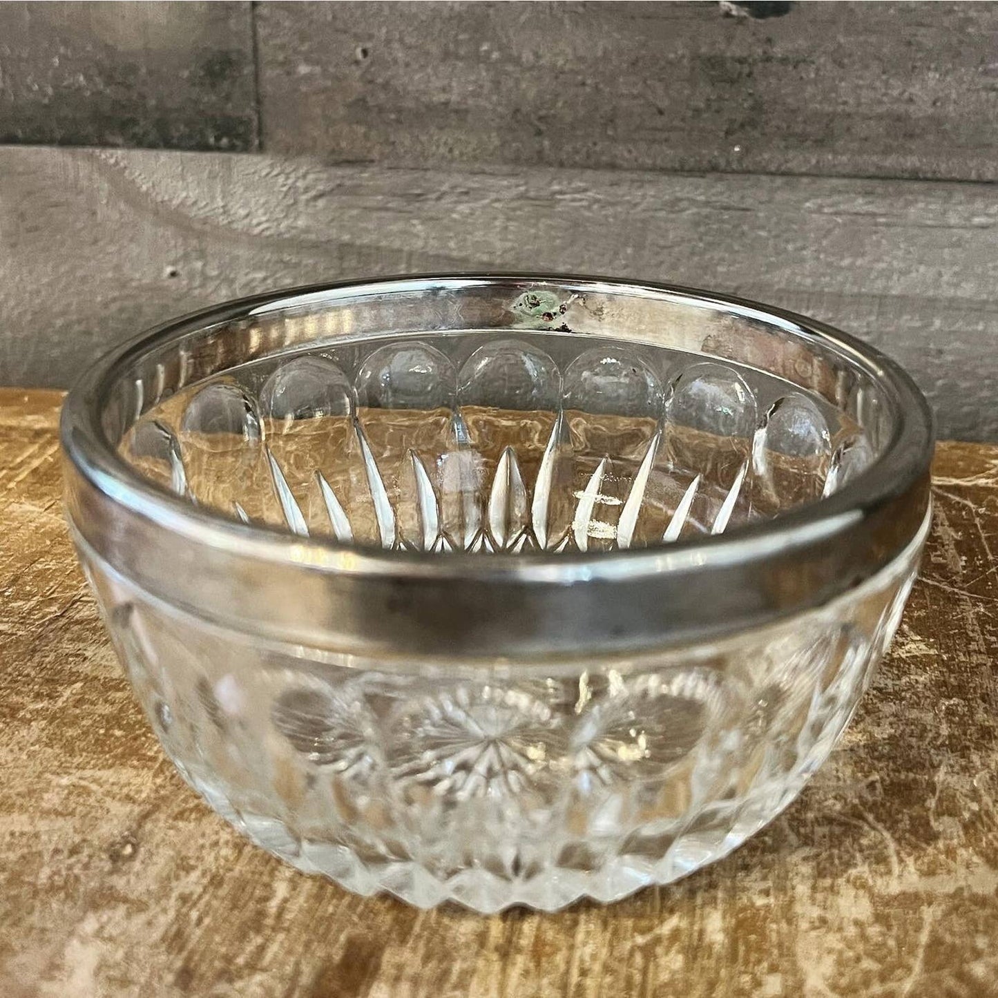 Petite crystal bowl with aged patina silver plated rim / stainless / chrome colored rim - trinket dish - soap dish - jewelry dish - elegant