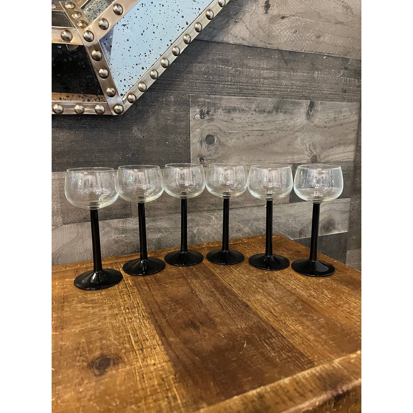 Mid-Century French Luminarc Black and Clear Wine Glasses - a Set of 5