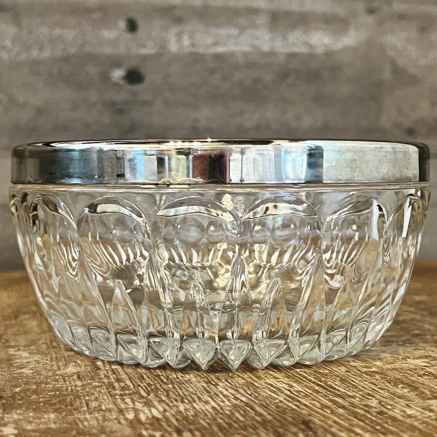 Petite crystal bowl with aged patina silver plated rim / stainless / chrome colored rim - trinket dish - soap dish - jewelry dish - elegant