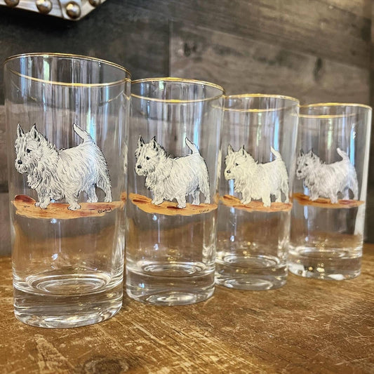 Vintage set of 4 Terrier dog tall glasses with gold rim artist signed R Kuntzsch - tumblers - water glasses - dog glasses - bar glasses
