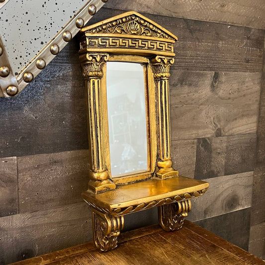 Vintage small gold mirror Roman style with pillars, shelf and corbels