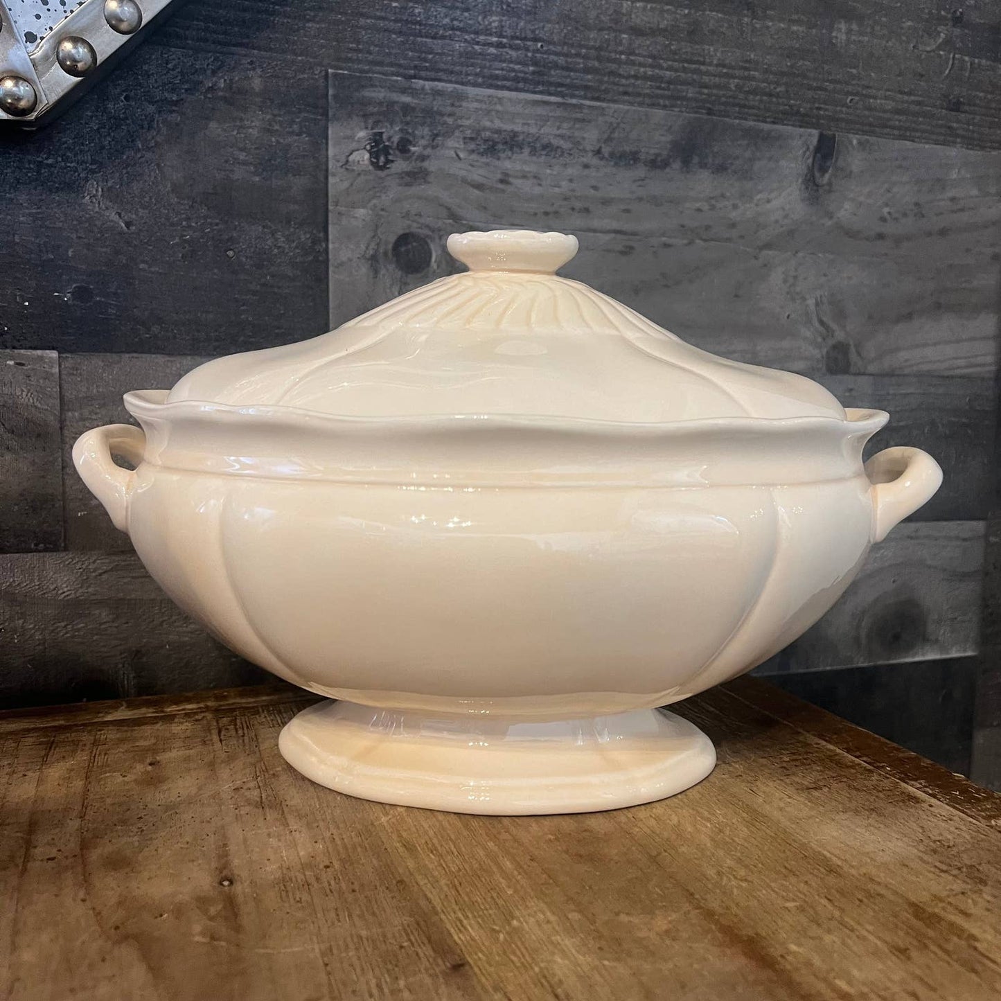 Vintage beige oval lidded footed handled tureen - casserole dish server - marked Italia on the bottom