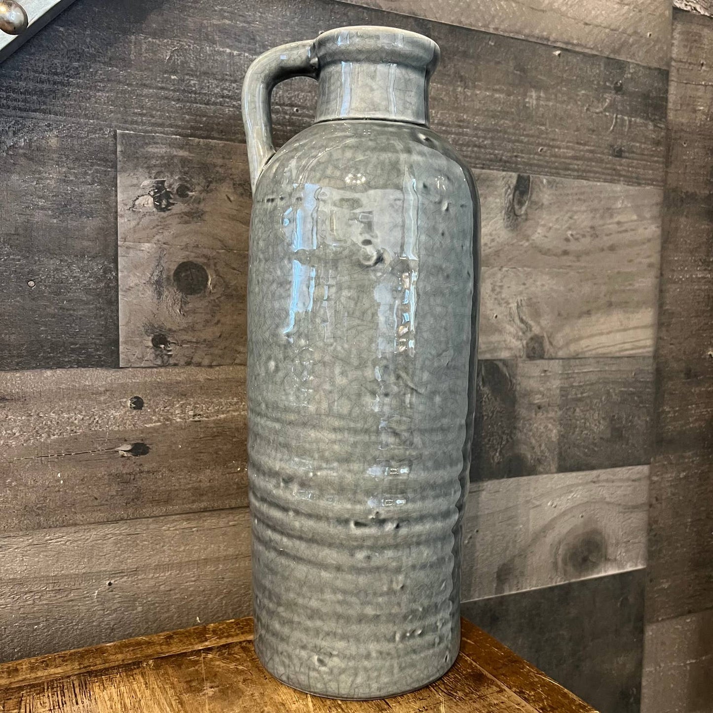 Grey crackle glaze handled jug vase