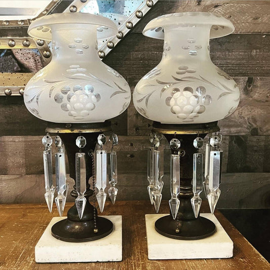 Pair of 1800s antique brass astral electrified marble base lamps w/ hanging crystals and stunning vine and grape etched glass frosted shade