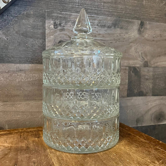 Vintage Indiana Glass 3 tier princess cut clear lidded dish