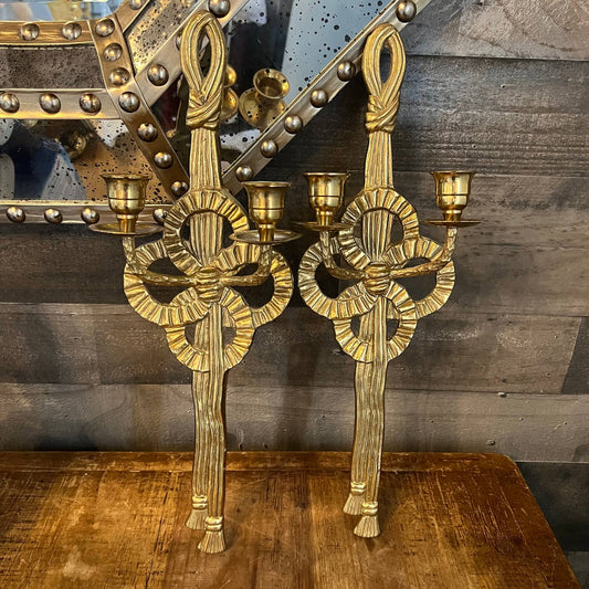 Vintage brass bow ribbon tassel wall sconces - pair