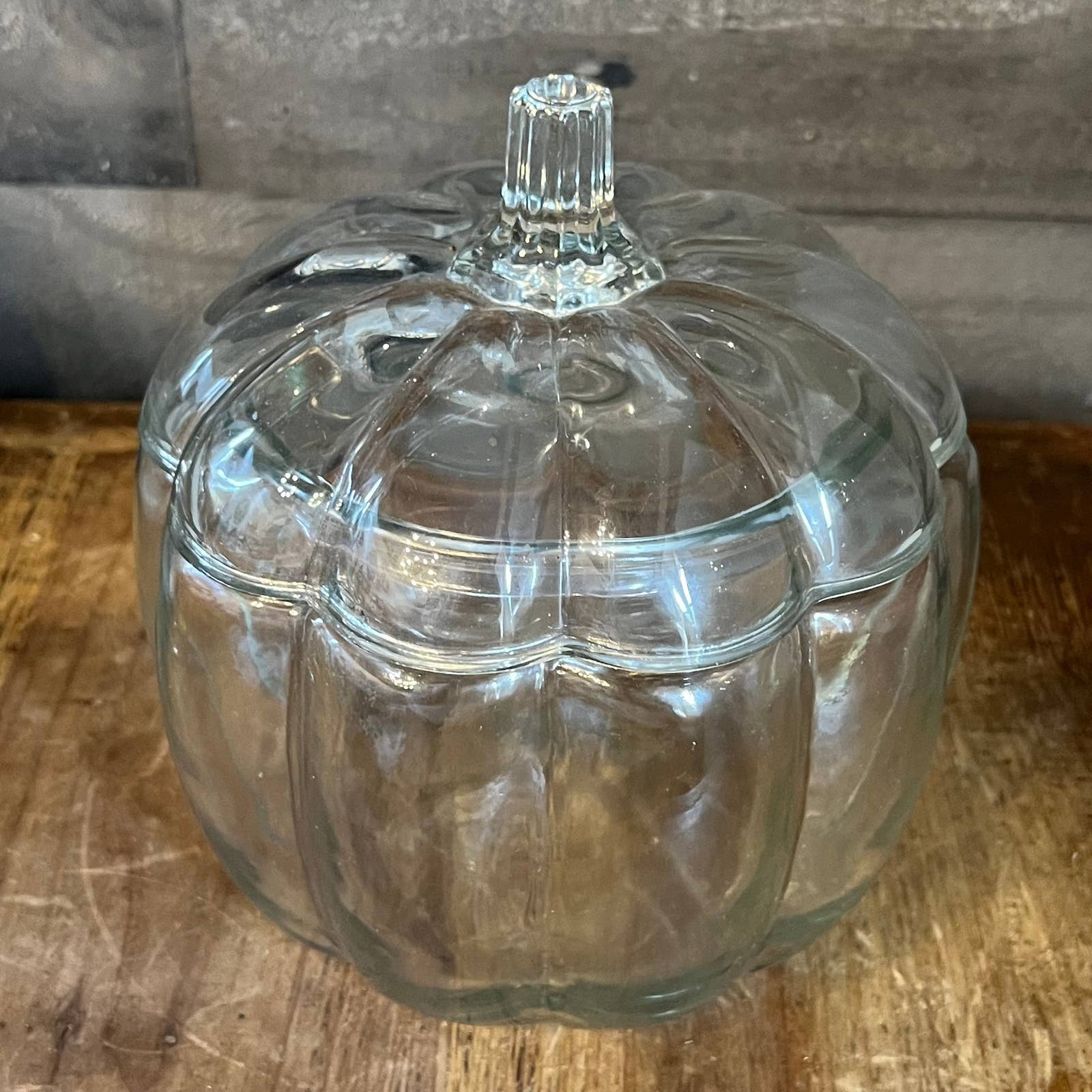 Vintage Large Glass Pumpkin Bowl Candy Dish with Lid Clear Glass Cookie Jar  Anchor Hocking Fall Halloween Thanksgiving Decor