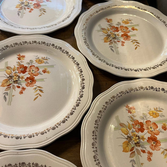 Vintage French Saxon China 22 K gold floral ribbon plates - set of 6