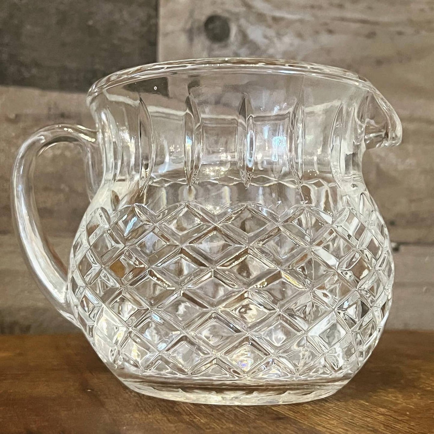 Vintage petite diamond cut heavy crystal handles pitcher - squat pitcher - martini pitcher - drink pitcher - bar pitcher - bar cart pitcher