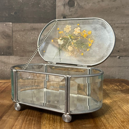 Vintage Oval Beveled Glass Pressed Floral Jewelry Box