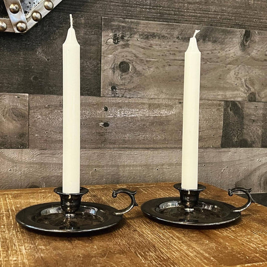 Vintage pair of aged silver tone candlestick holders - chamberstick