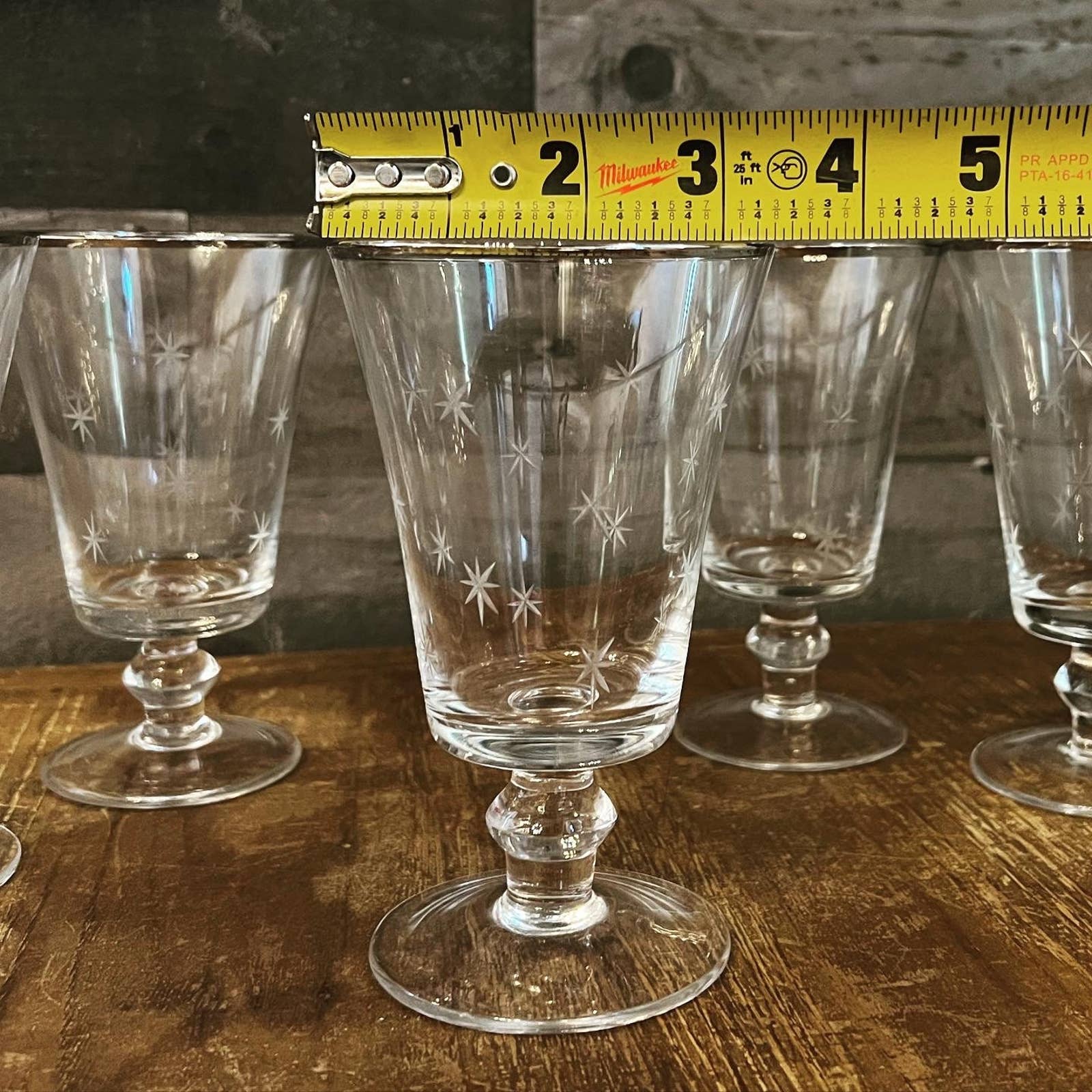 Vintage Platinum Rim CRYSTAL Etched Wine Glasses, Set of 7