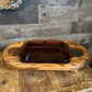 Anchor Hocking brown glass dish with wooden handled server