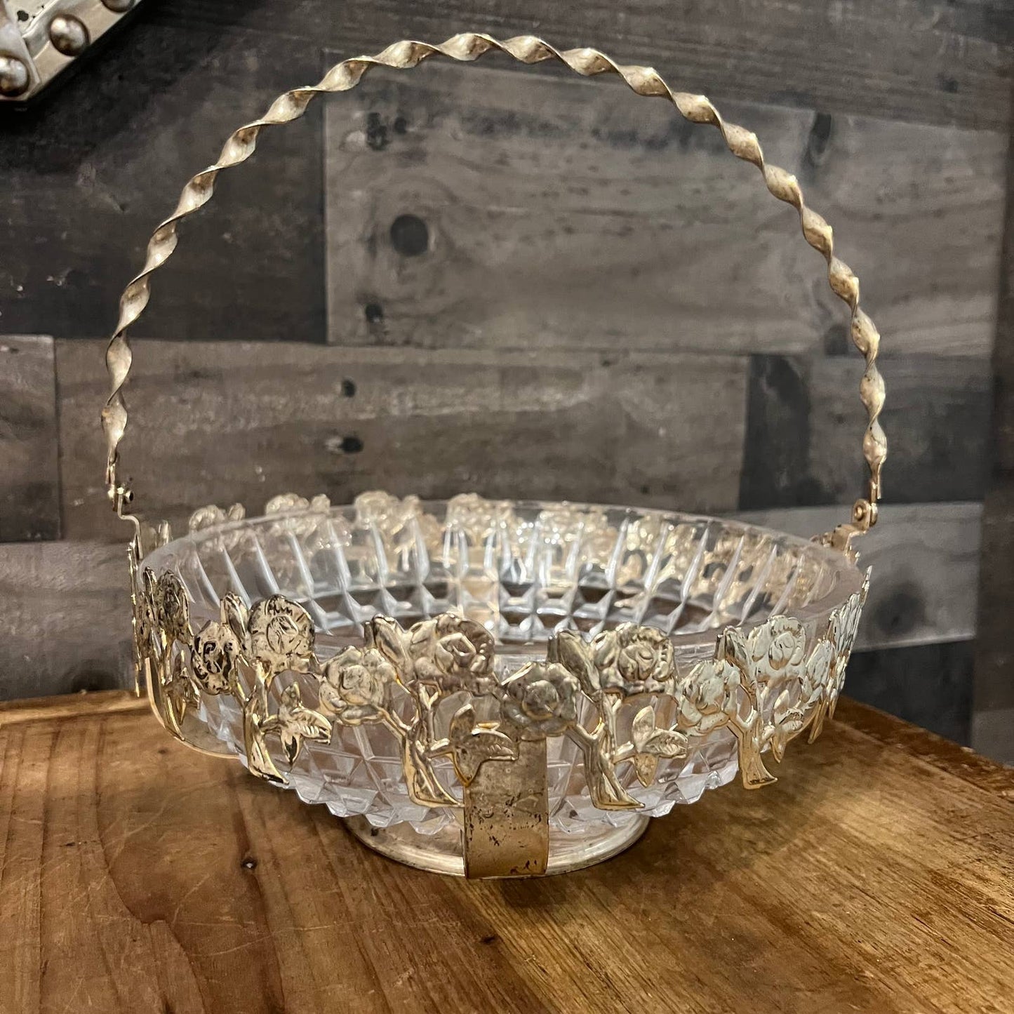 Vintage Westminster Hand Made English Silver Plate Floral Rose Basket and Crystal Bowl