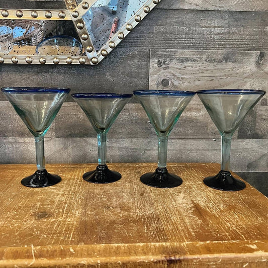 Mexican glass blown cobalt blue large martini / margarita glasses - set of 4