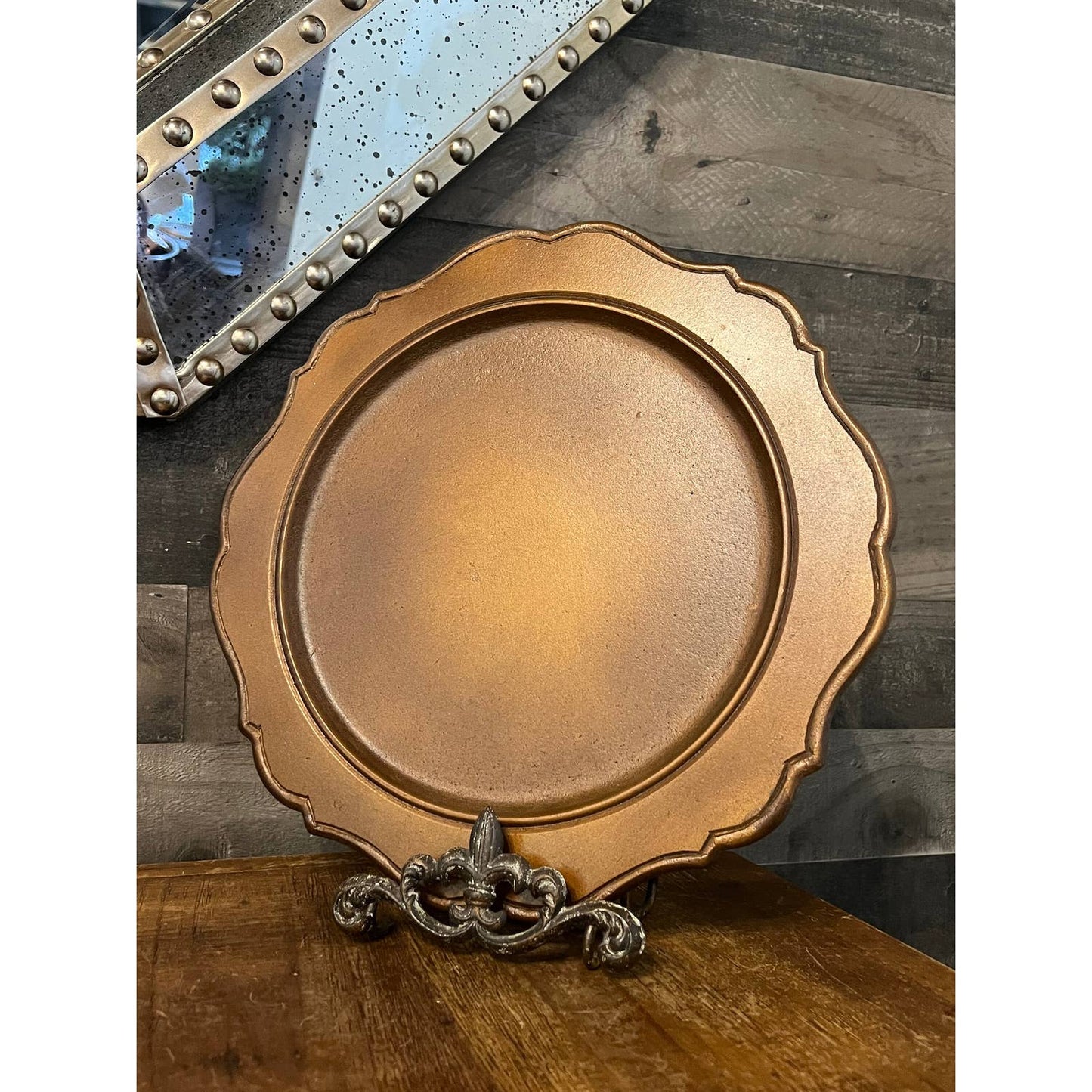 Large wooden style round platter - baroque tray - table centerpiece