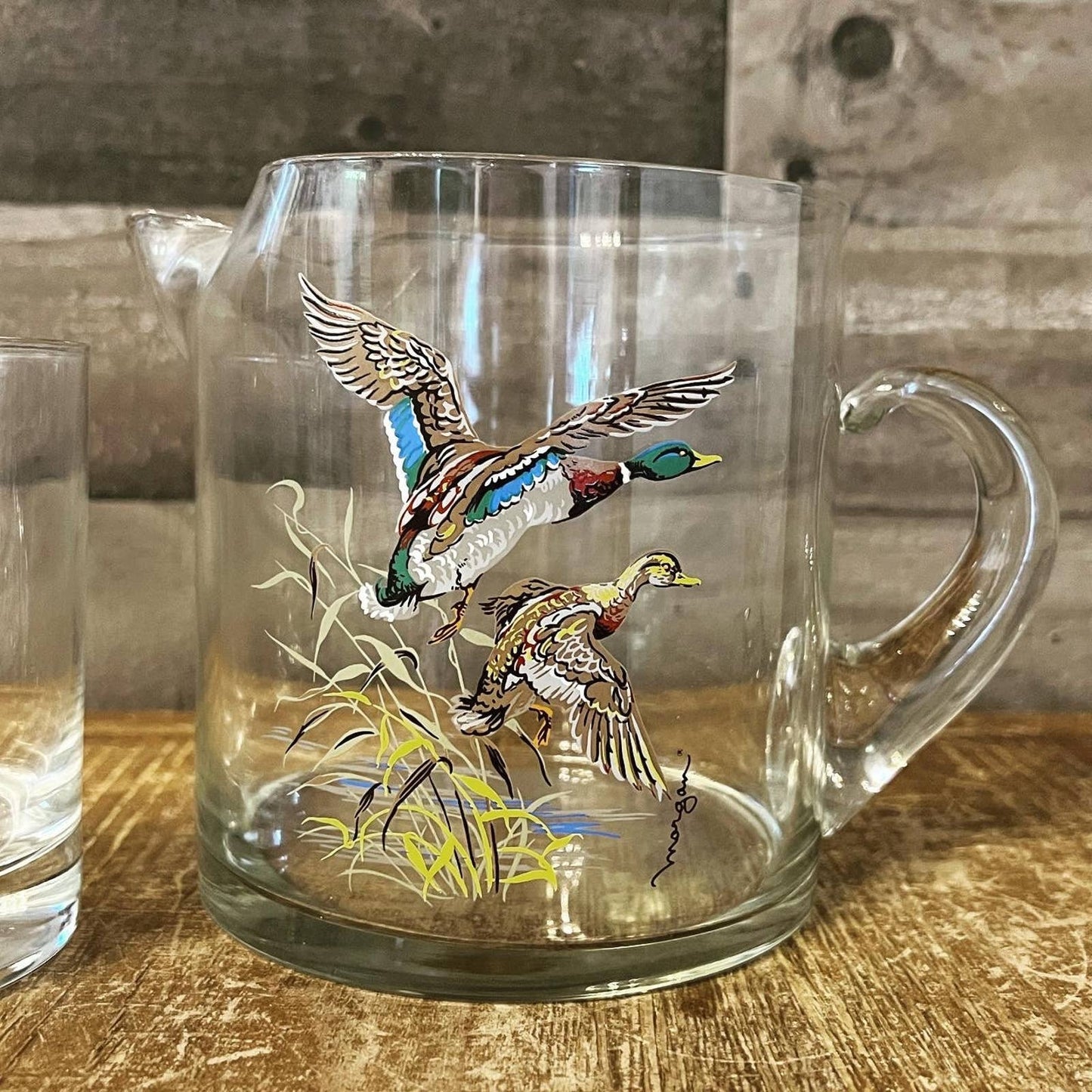 Set of 3 glass duck glasses and glass duck handled pitcher - artist signed Morgan - lake house glasses - cabin / camp glasses - bar glasses