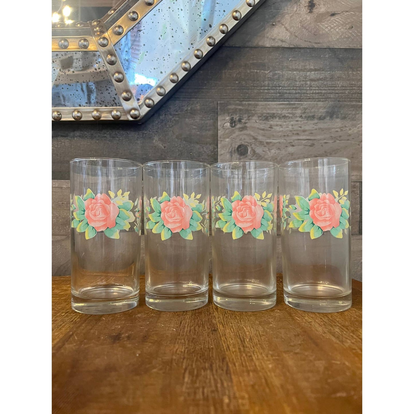NIB vintage set of 4 Corelle elegant rose pattern 16oz cooler glasses - new in box Corelle glasses - spring tall glass floral tumblers