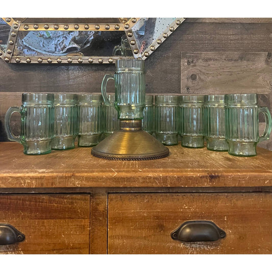 Green Glass Anchor Hocking Line Lites Beer Tankards set of 10