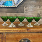 Vintage set of 5 anchor hocking emerald green burple inspiration glasses with clear bubble swirl short stem - champagne coupe-cocktail glass