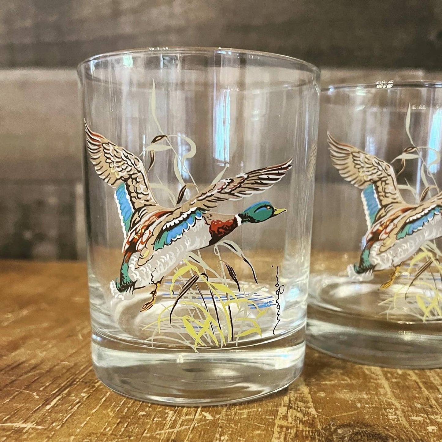 Set of 3 glass duck glasses and glass duck handled pitcher - artist signed Morgan - lake house glasses - cabin / camp glasses - bar glasses