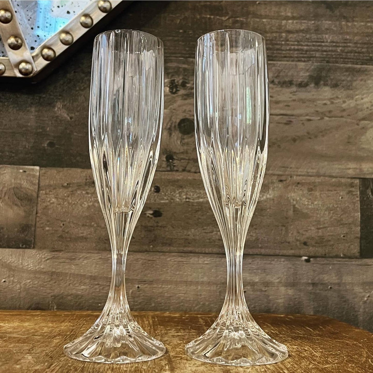 Pair of Mikasa crystal Park Lane faceted short stem heavy champagne fluted glasses - elegant glasses - bar glasses - bar cart glasses