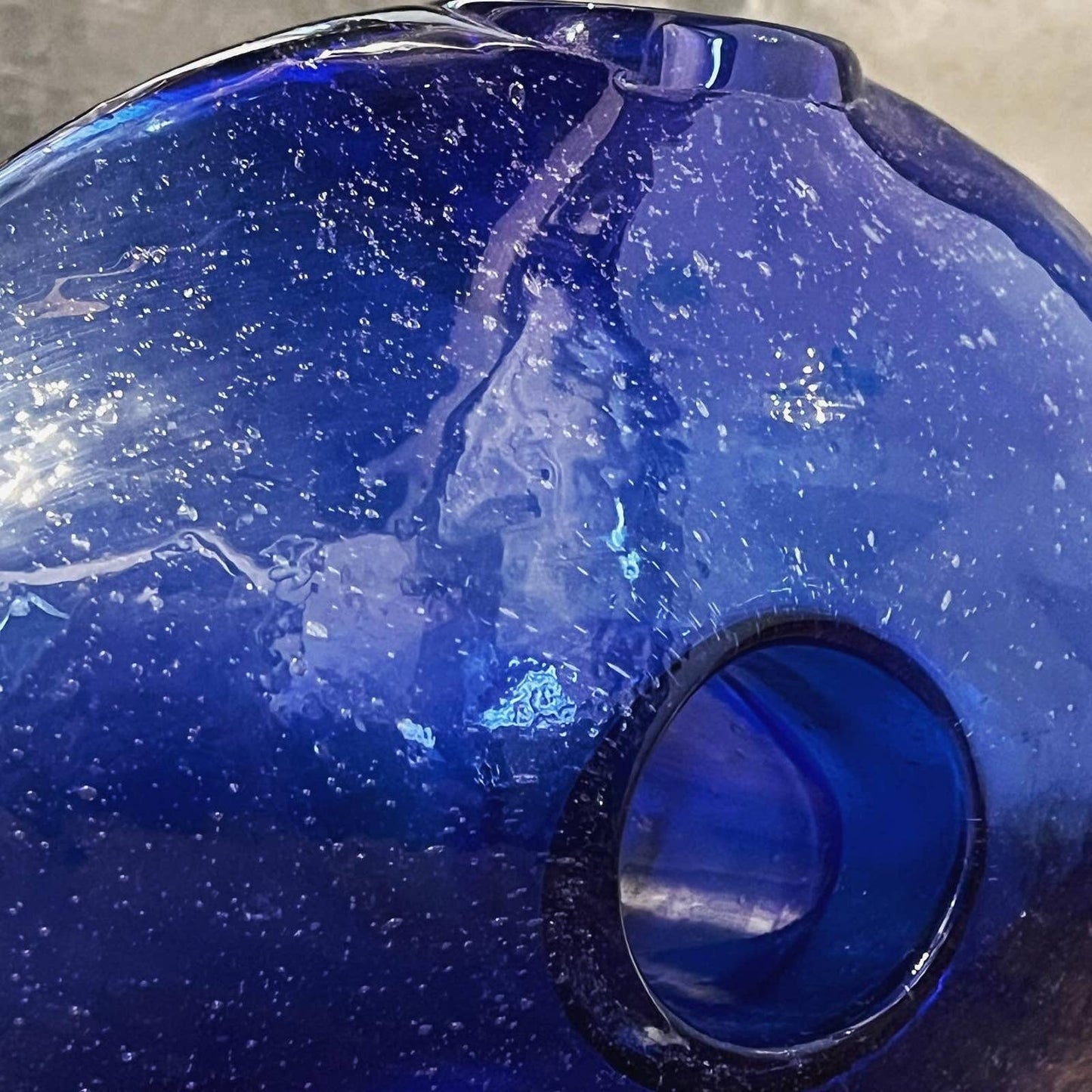 Cobalt blue glass blown donut hole oval vase