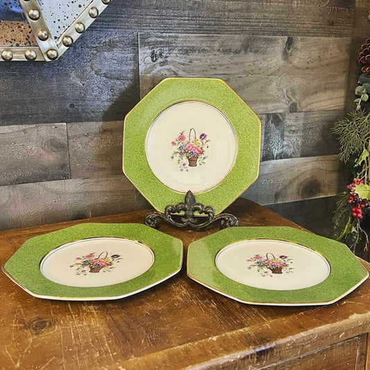 Set of 3 antique Wedgwood octagon green and gold rim flower basket plates