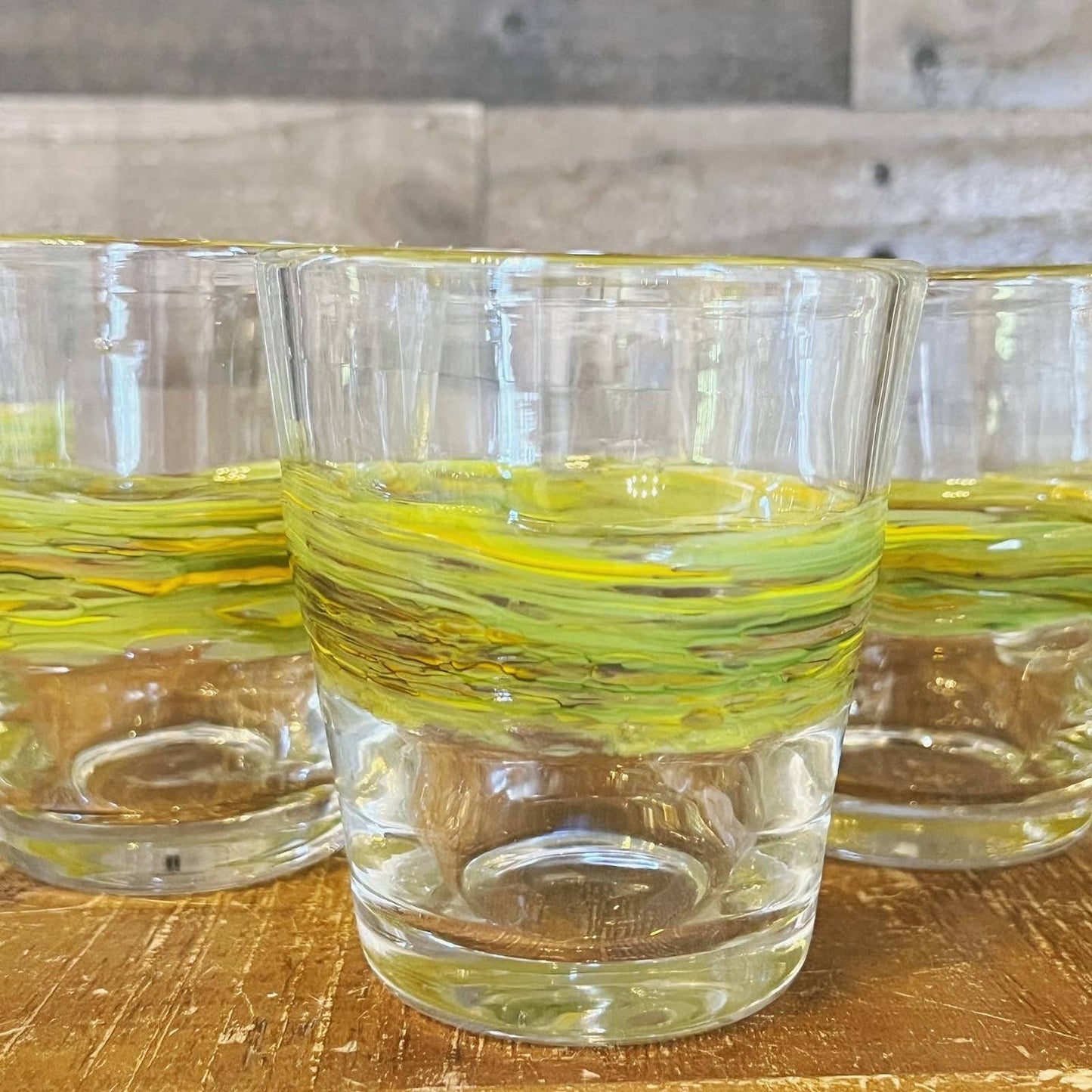 Handblown handcrafted Mexico artisan glass green ribbon striped tumblers - set of 6