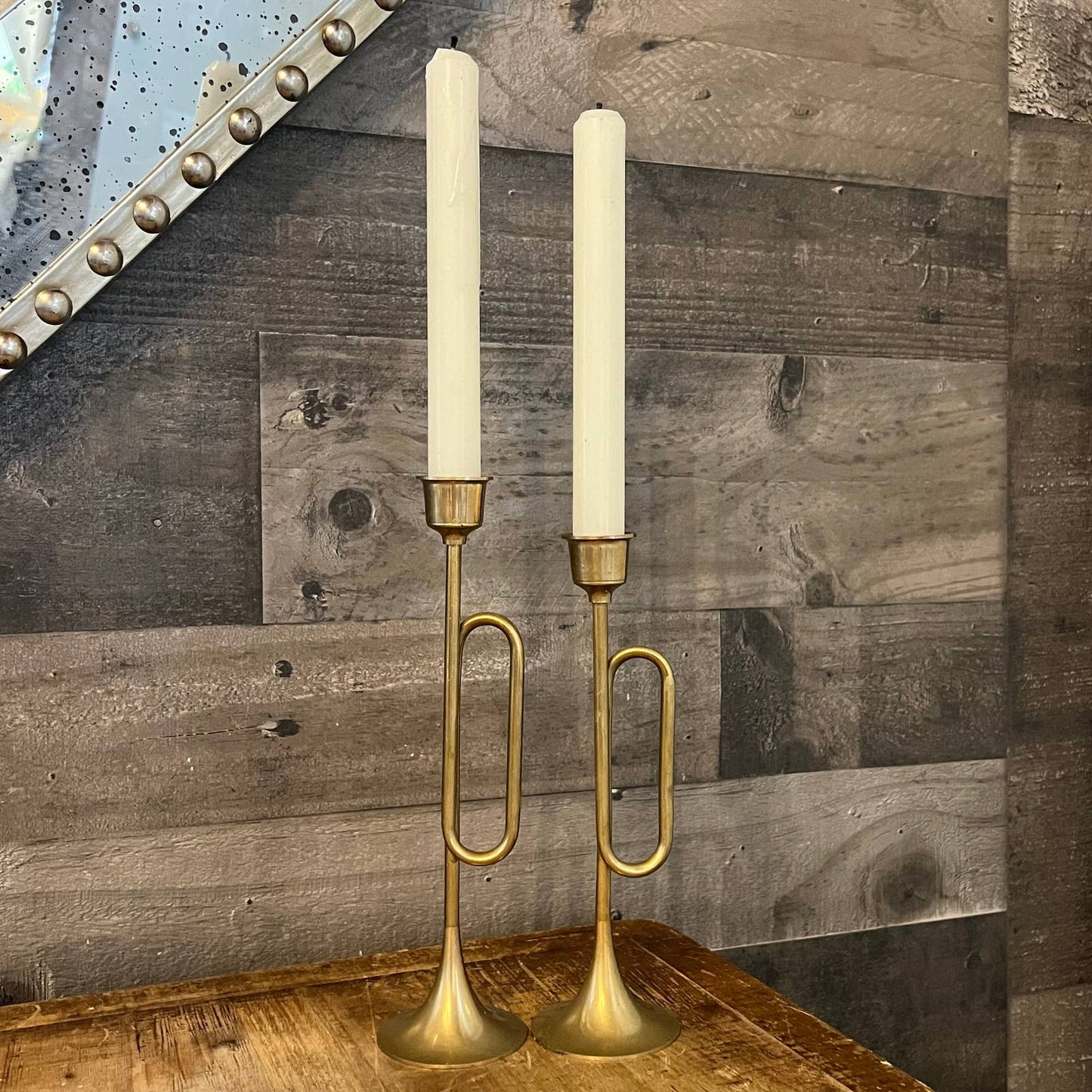 Vintage pair of brass french horn candlestick holders