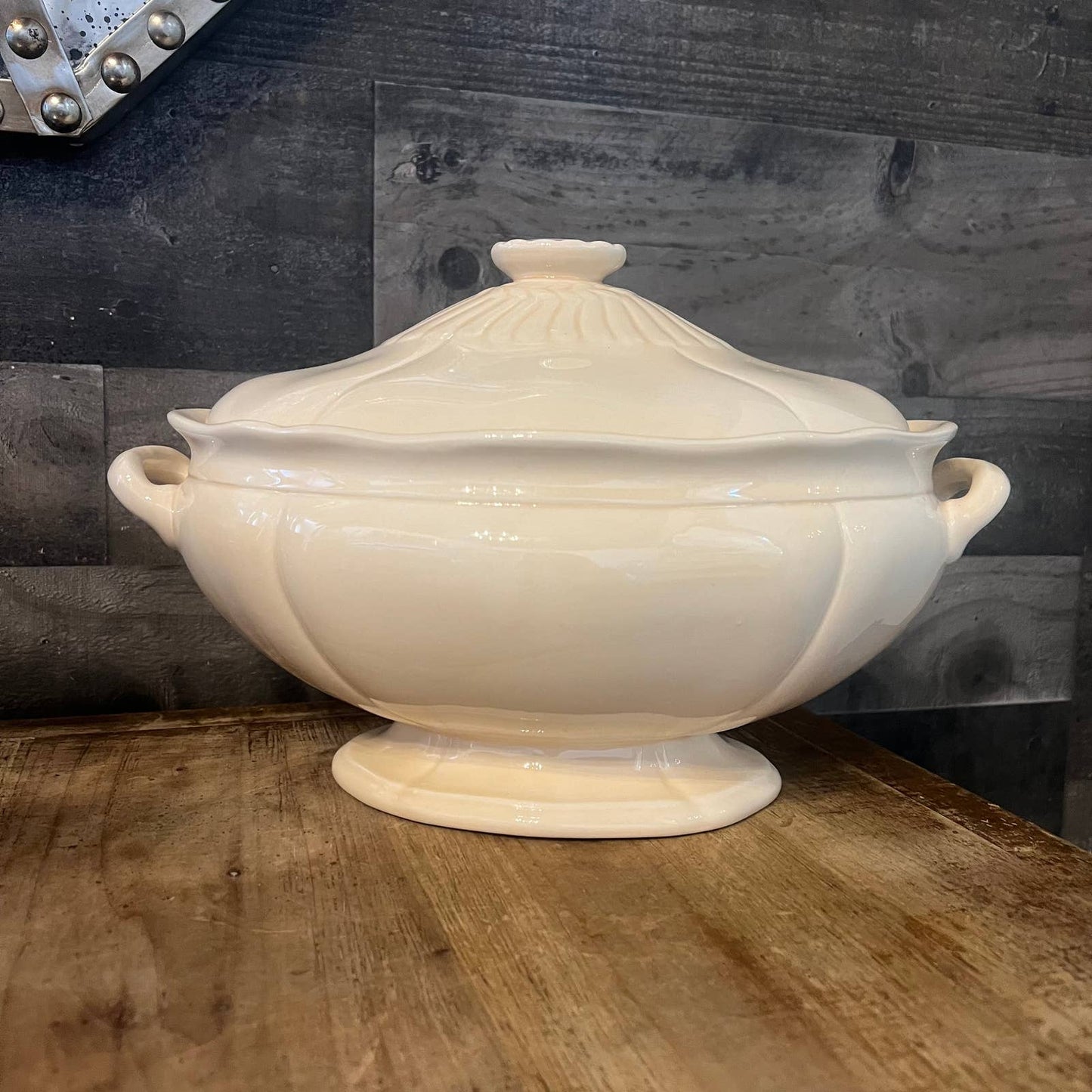 Vintage beige oval lidded footed handled tureen - casserole dish server - marked Italia on the bottom