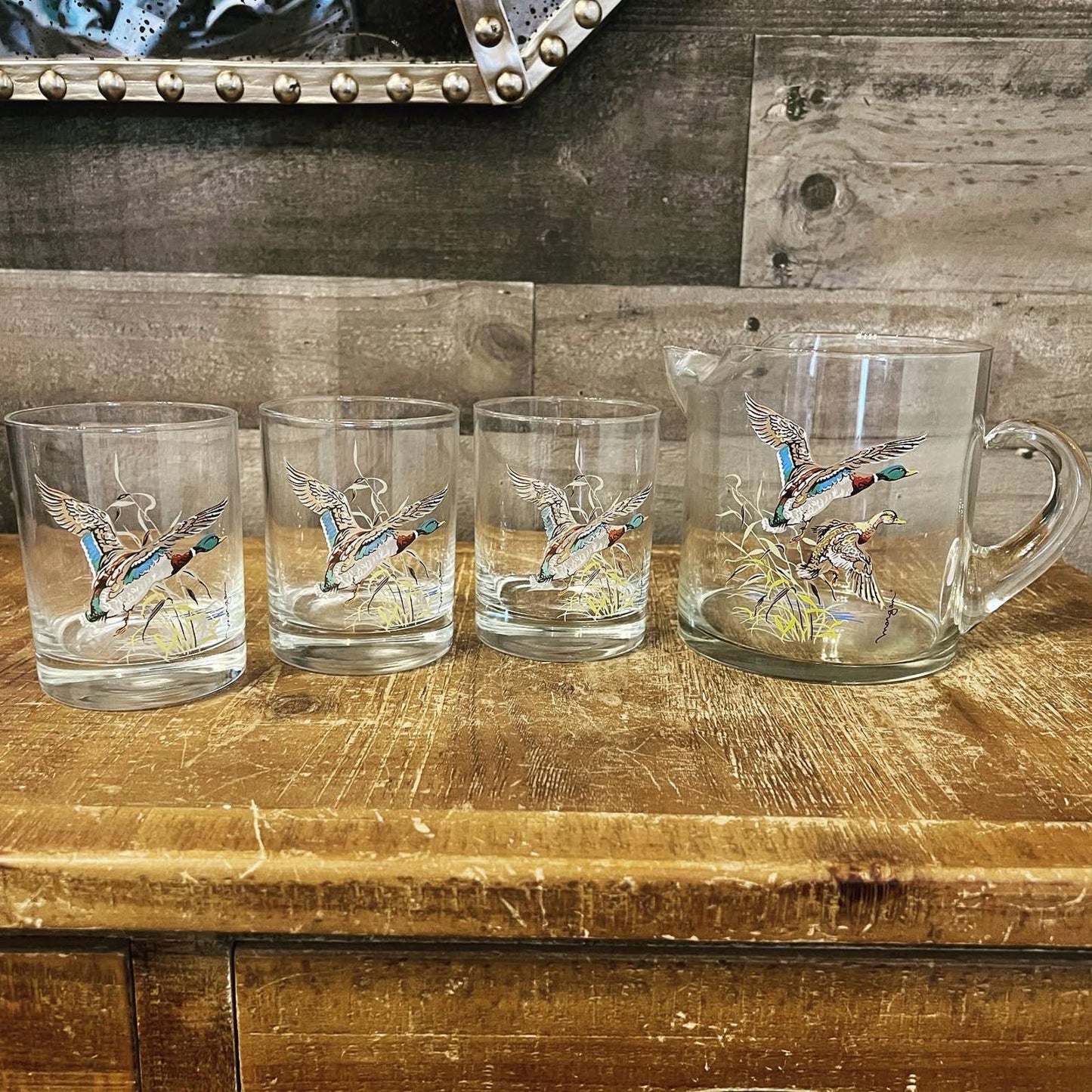 Set of 3 glass duck glasses and glass duck handled pitcher - artist signed Morgan - lake house glasses - cabin / camp glasses - bar glasses