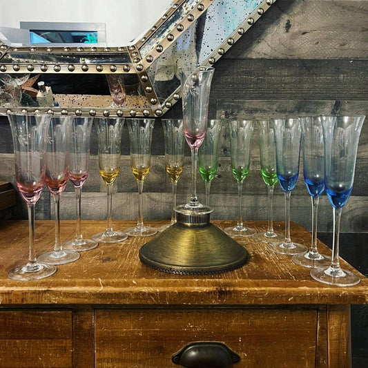 Multi color etched leaf crystal champagne flutes - pink, yellow, green, blue with champagne glasses