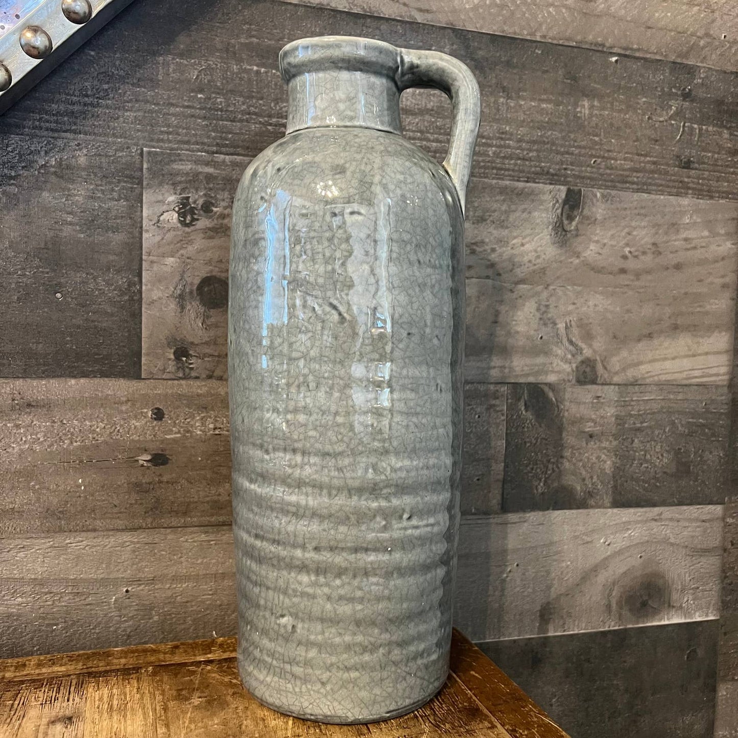 Grey crackle glaze handled jug vase