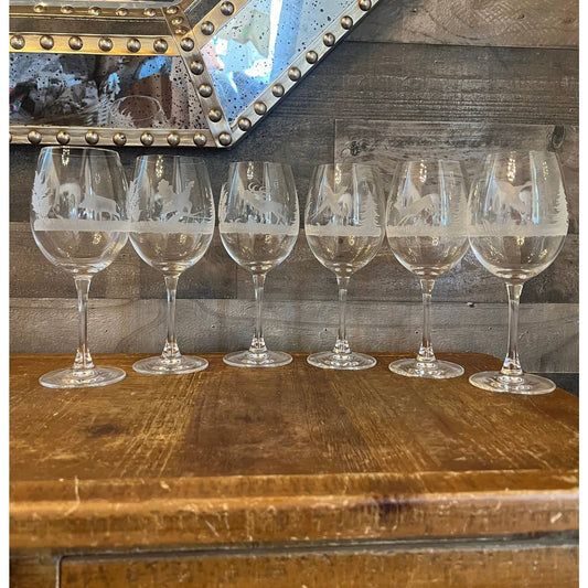 6 Spiegelau wild game etched wine glasses